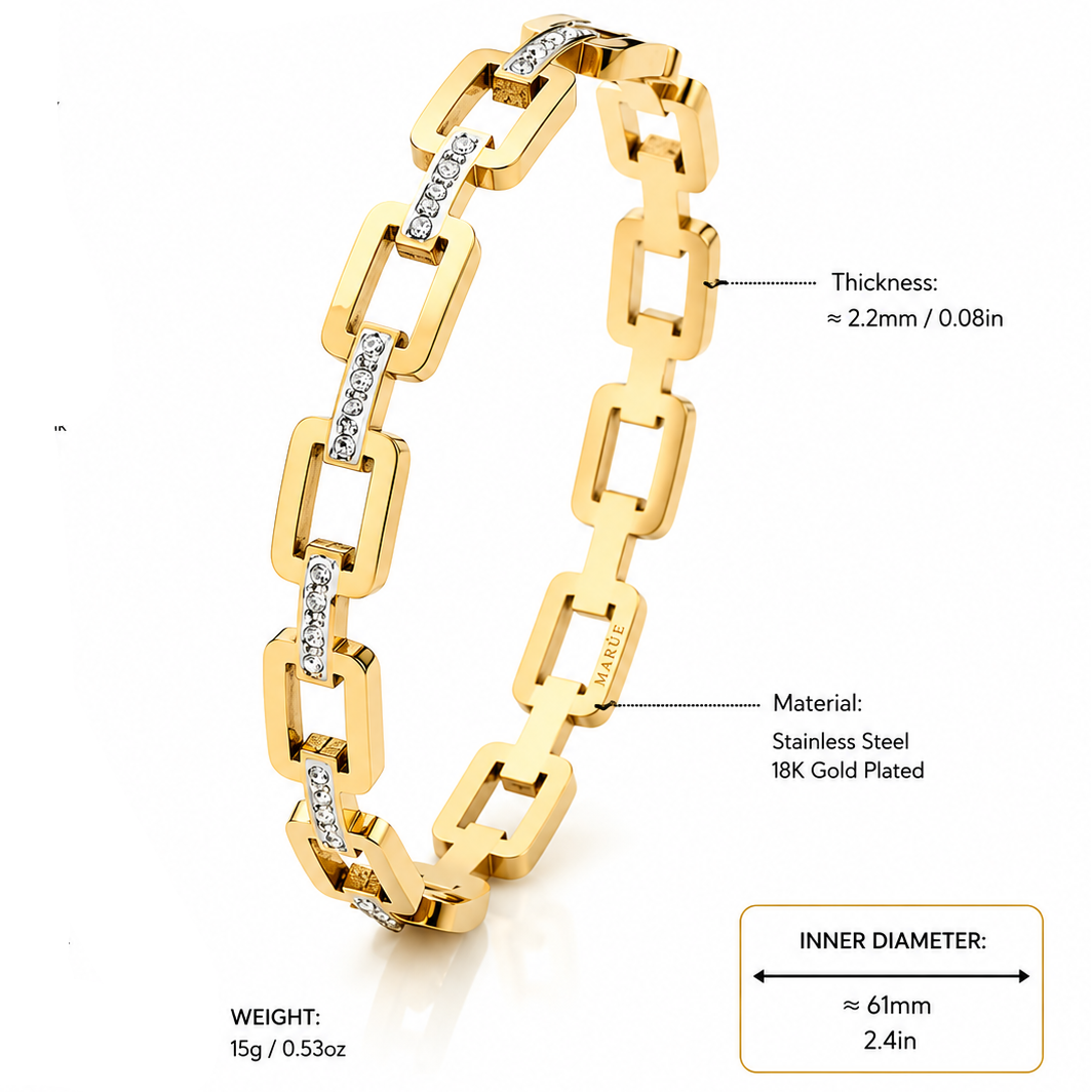 Gold bracelet with crystal accents by Marue Jewelry, featuring product details on a white background.