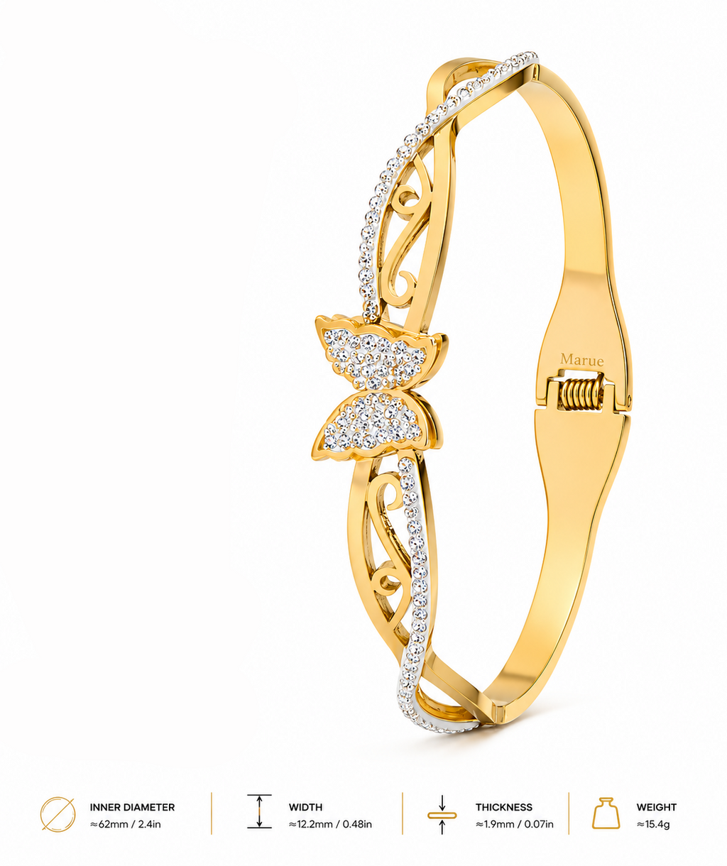 Crystal Butterfly Bangle Bracelet – 18K Gold Plated Stainless Steel, Hypoallergenic