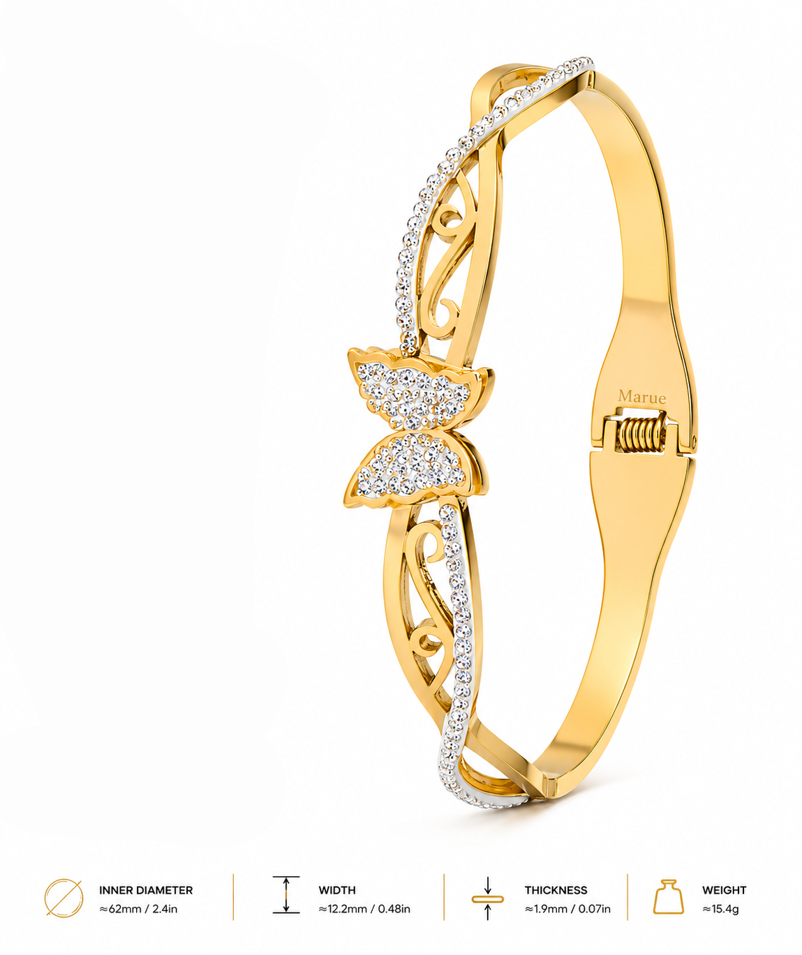 Crystal Butterfly Bangle Bracelet – 18K Gold Plated Stainless Steel, Hypoallergenic