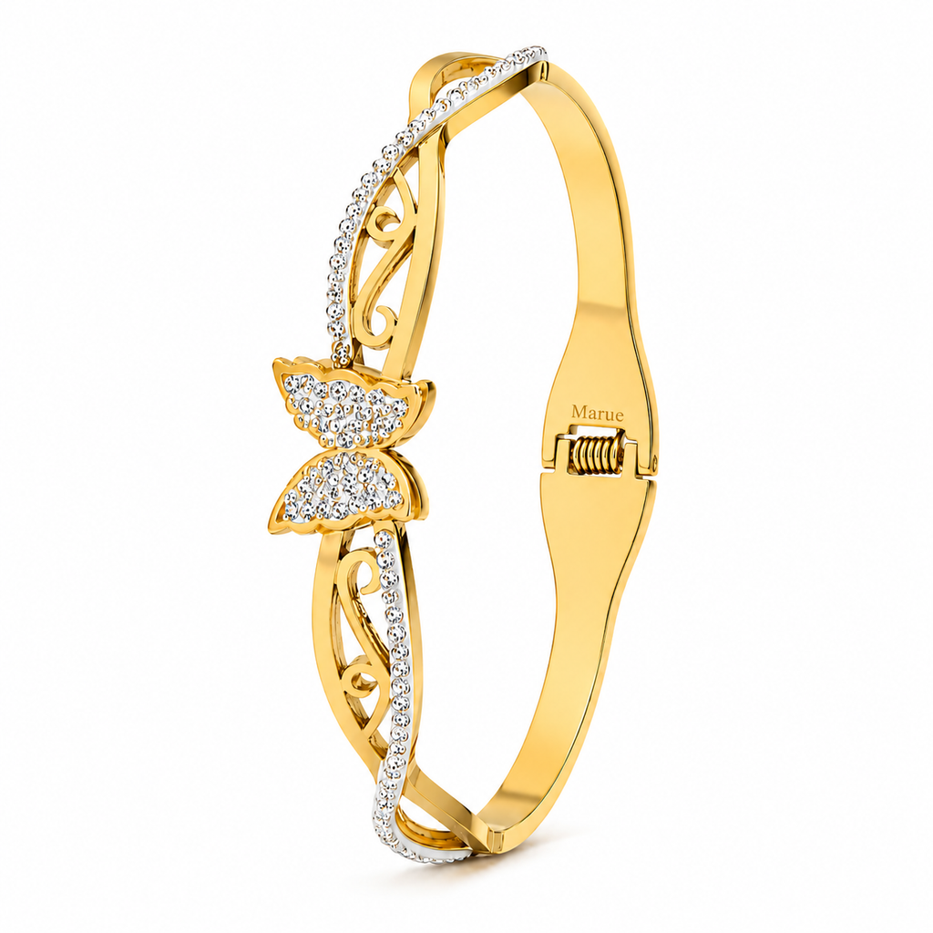 Crystal Butterfly Bangle Bracelet – 18K Gold Plated Stainless Steel, Hypoallergenic