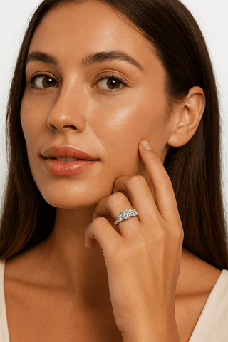 Moissanite Ring – 925 Sterling Silver Three-Stone Design worn by a woman, showcasing elegance and luxury.