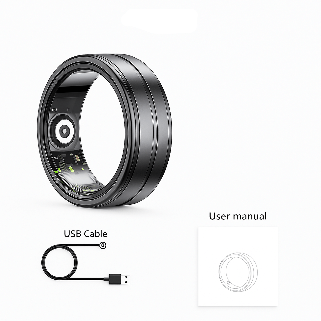 Premium Smart Ring – Health, Sleep & Sport displayed with USB cable and user manual for charging and instructions.