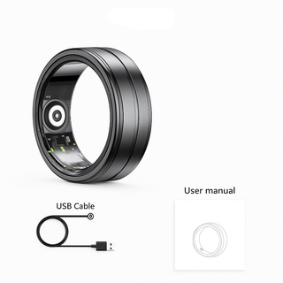 Premium Smart Ring – Health, Sleep & Sport displayed with USB cable and user manual for charging and instructions.