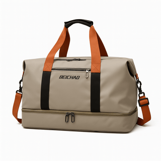 Gym Bag with Shoe Compartment, durable duffle bag for travel and gym, soft structure, secure zipper closure.