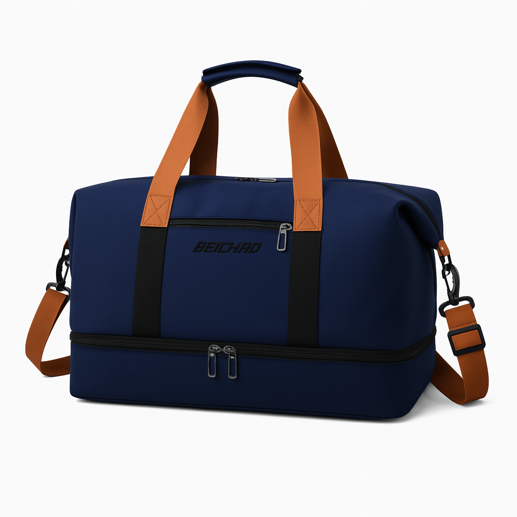 Gym Bag with Shoe Compartment in navy blue with orange straps, ideal for travel and gym use.