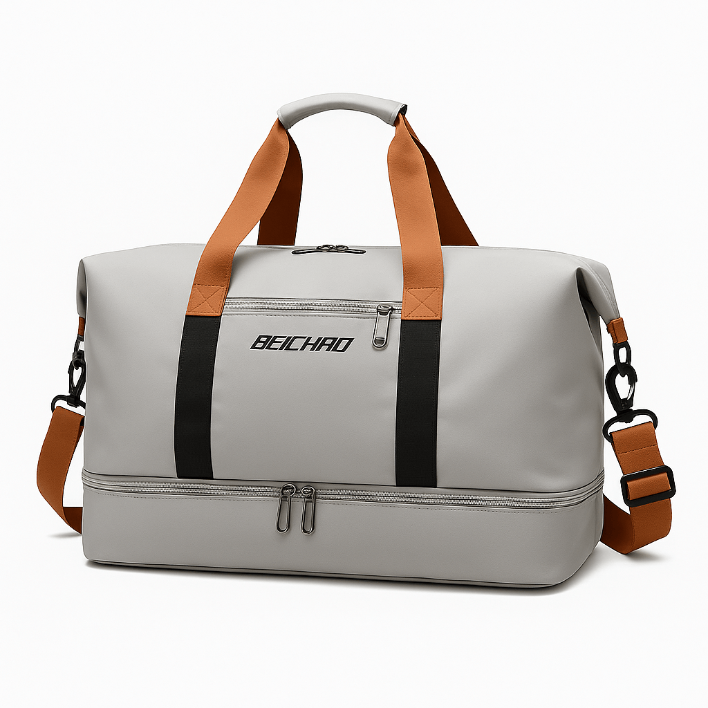 Gym Bag with Shoe Compartment featuring durable fabric and comfortable straps for travel and gym use.