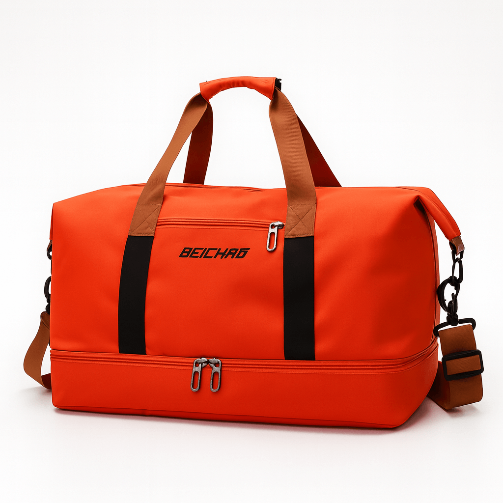 Bright orange Gym Bag with Shoe Compartment, perfect for gym, travel, and everyday use.