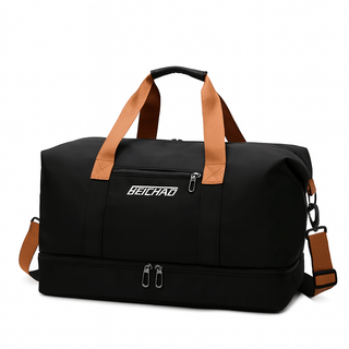 Gym Bag with Shoe Compartment in black with orange straps, designed for travel and workouts.