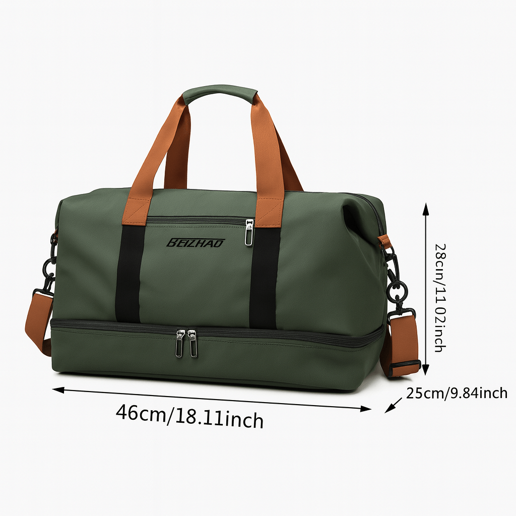 Gym Bag with Shoe Compartment in green, featuring durable materials and practical design for travel and gym activities.
