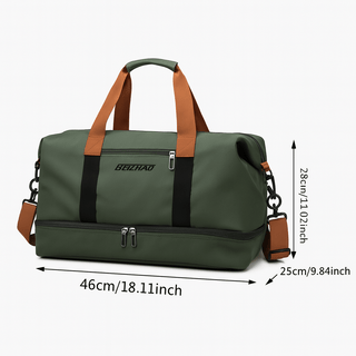Gym Bag with Shoe Compartment in green, featuring durable materials and practical design for travel and gym activities.