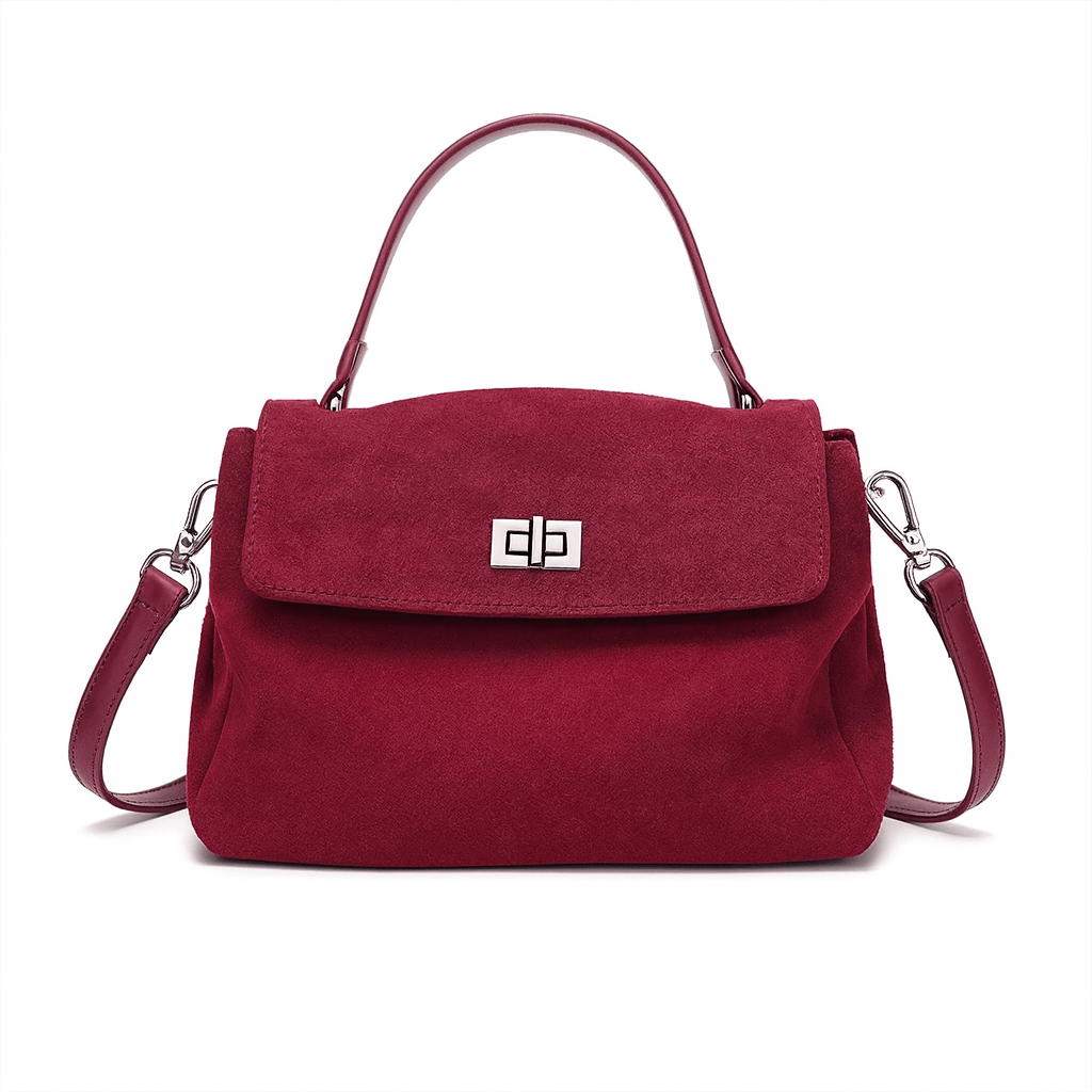 Suede Crossbody Bag in rich burgundy with a sleek design and elegant clasp, perfect for autumn and winter outfits.