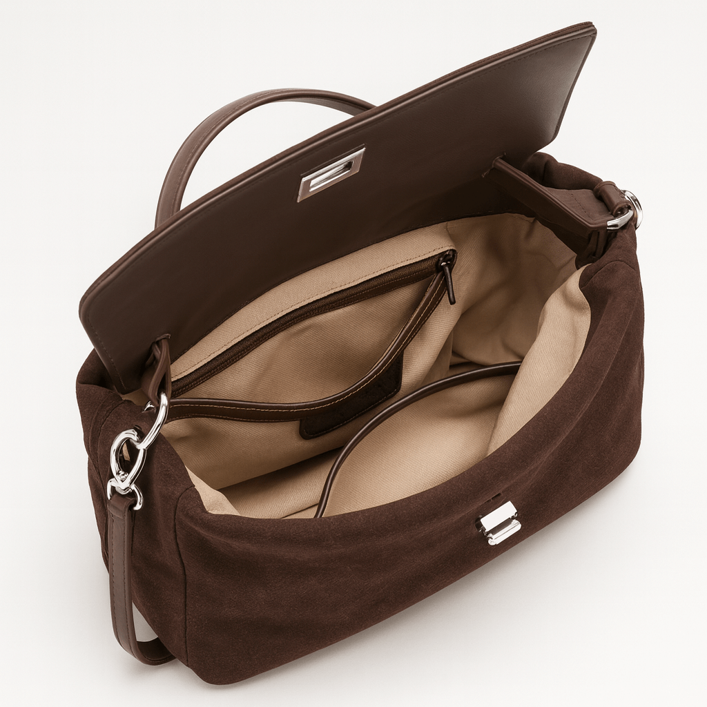 Inside view of Suede Crossbody Bag showcasing luxurious suede and organized compartments.