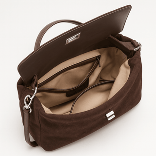 Inside view of Suede Crossbody Bag showcasing luxurious suede and organized compartments.