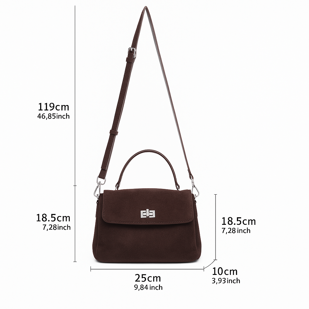 Measurements of a Suede Crossbody Bag, showcasing its stylish design and dimensions for fashion lovers.