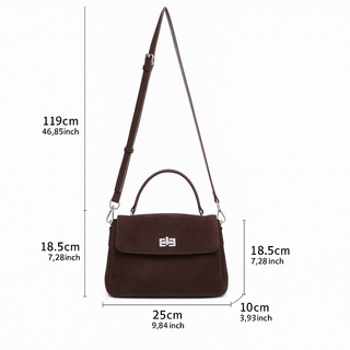 Measurements of a Suede Crossbody Bag, showcasing its stylish design and dimensions for fashion lovers.