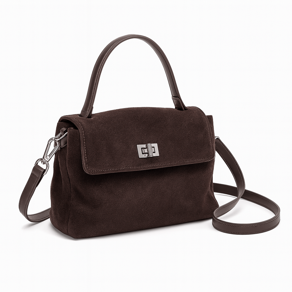 Suede Crossbody Bag in dark brown suede leather with a sleek design and adjustable strap.