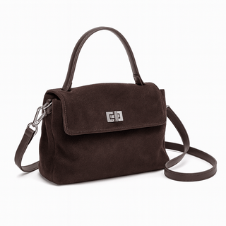Suede Crossbody Bag in dark brown suede leather with a sleek design and adjustable strap.