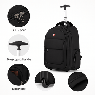 Travel Bag - Business Backpack with SBS zipper, telescoping handle, side pocket, and durable wheels.
