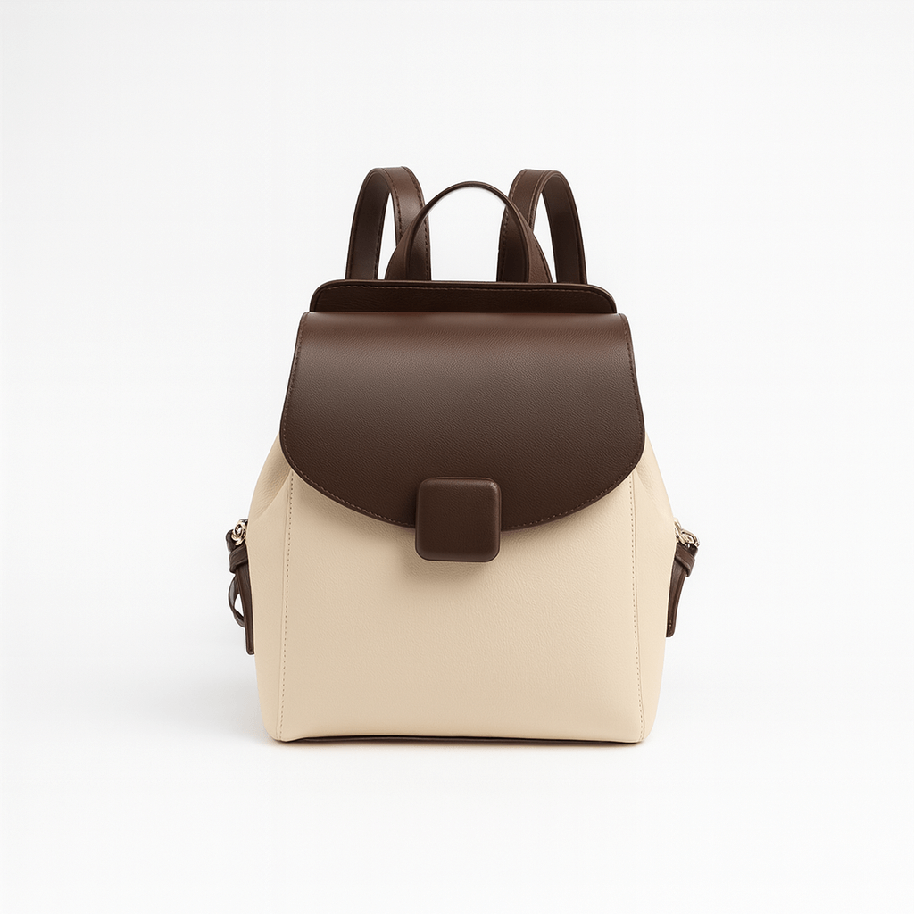 Mini Backpack for Women - Two-Tone Leather with a chic two-tone design in cream and brown.