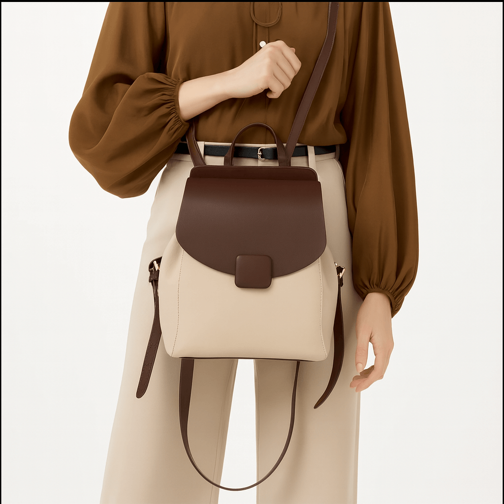 Mini Backpack for Women - Two-Tone Leather, stylish leather backpack for women with divided compartments and elegant design.