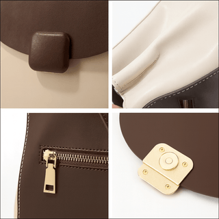 Close-up details of Mini Backpack for Women - Two-Tone Leather, featuring elegant buckle and zipper accents.