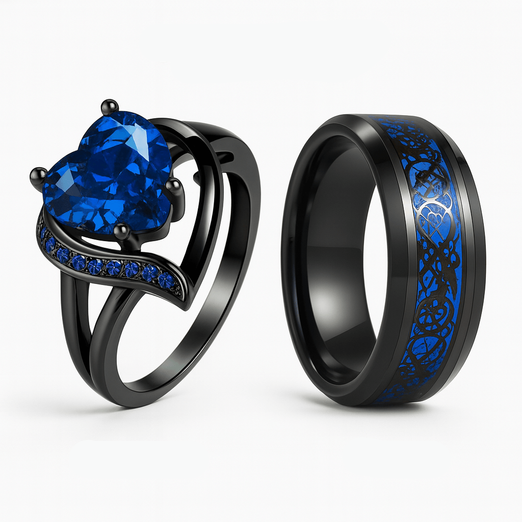 Fashion Couple Rings Stainless Steel set featuring a heart-shaped blue gemstone and a black wedding band with blue accents.
