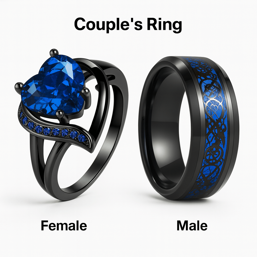 Fashion Couple Rings Stainless Steel set featuring a heart-shaped female ring and a sleek male band.