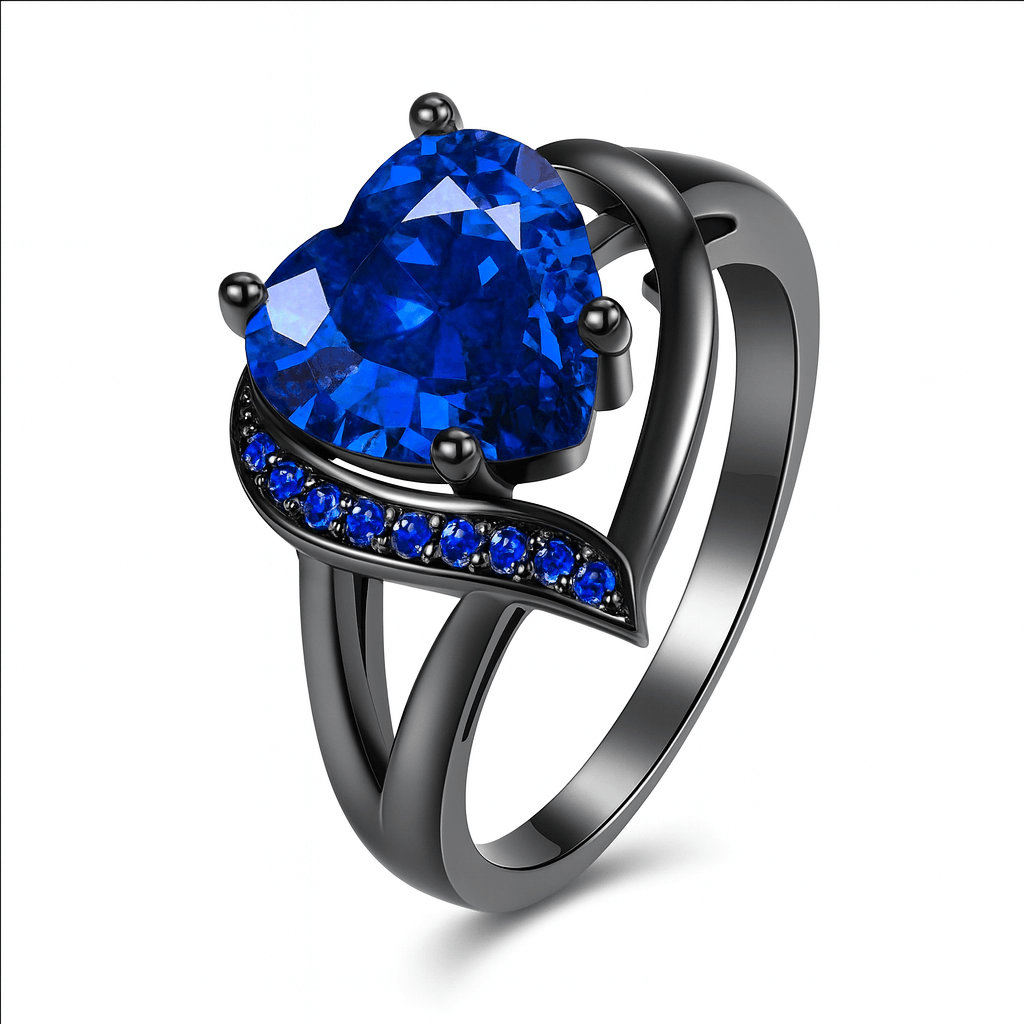Fashion Couple Rings Stainless Steel featuring a heart-shaped blue gemstone and elegant design.