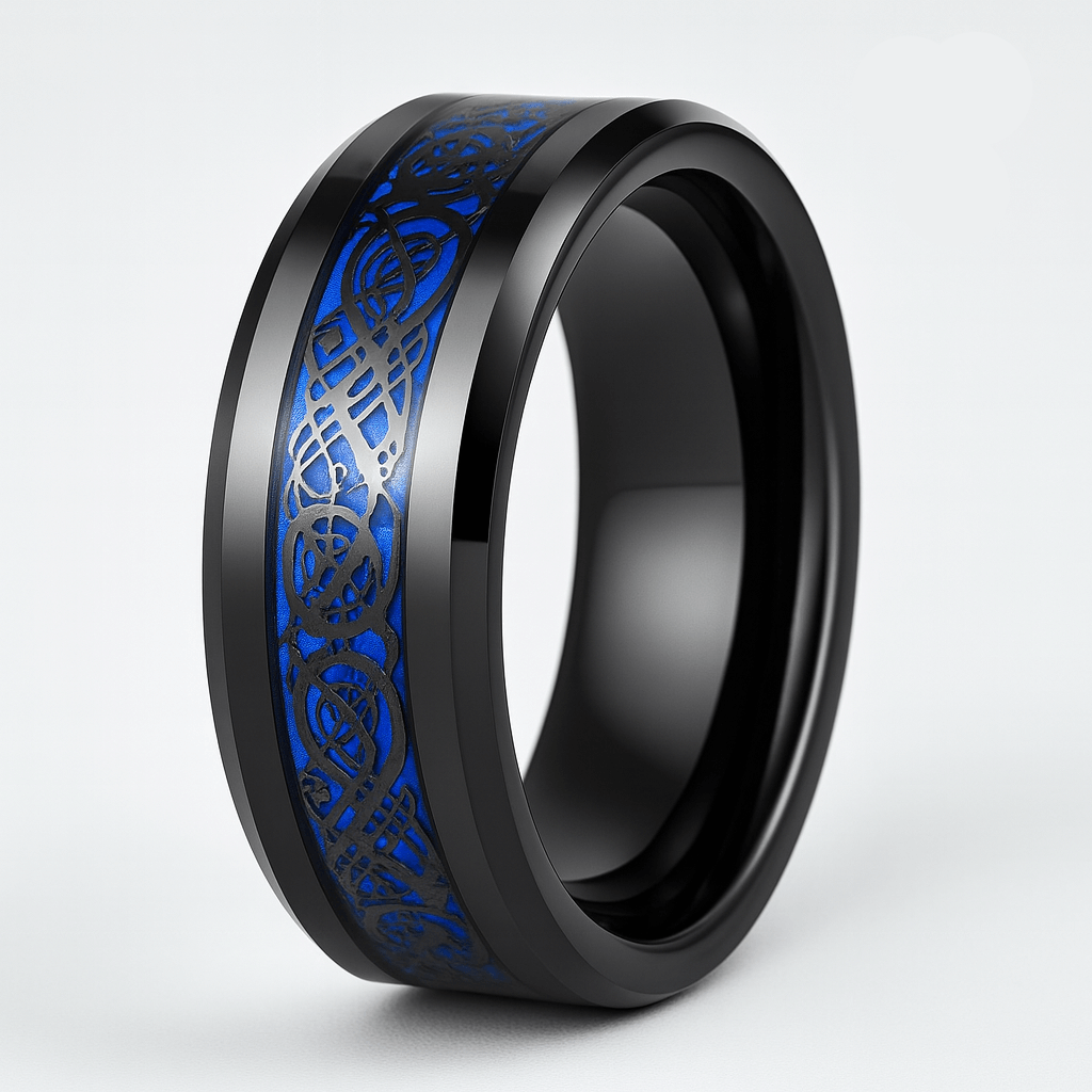 Fashion Couple Rings Stainless Steel with blue decorative inlay and black finish, symbolizing love and commitment.