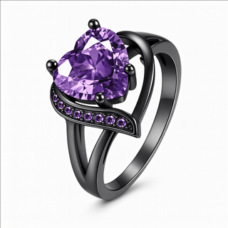 Fashion Couple Rings Stainless Steel with purple heart-shaped stone and black accents.
