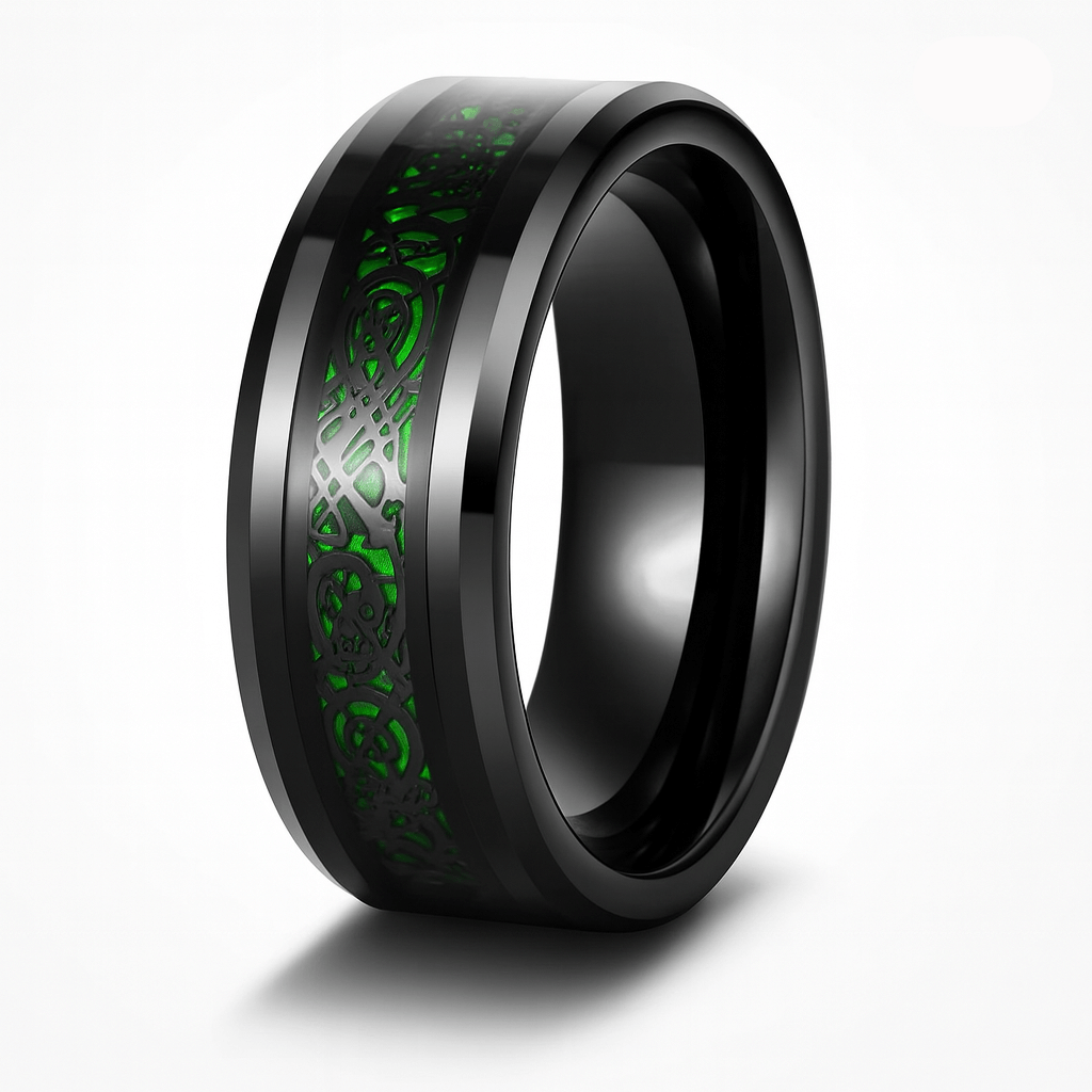 Fashion Couple Rings Stainless Steel with intricate green design on a sleek black band.