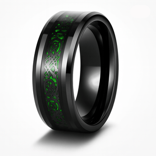 Fashion Couple Rings Stainless Steel with intricate green design on a sleek black band.
