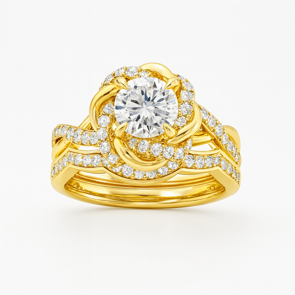 Gold ring with diamond accents on a white background