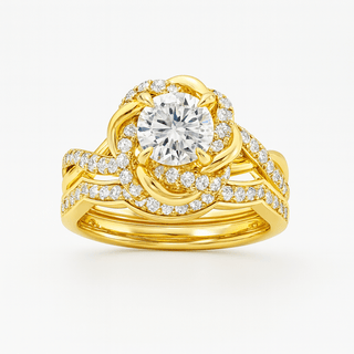 Gold ring with diamond accents on a white background