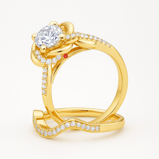 Gold ring with a large diamond and smaller stones on a white background