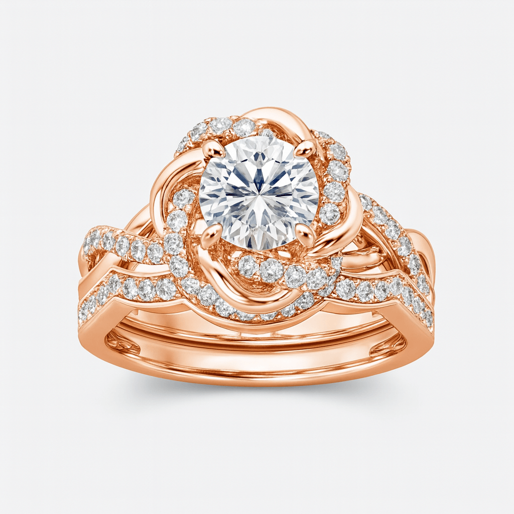 Rose gold ring with a large diamond and smaller diamonds on a light gray background