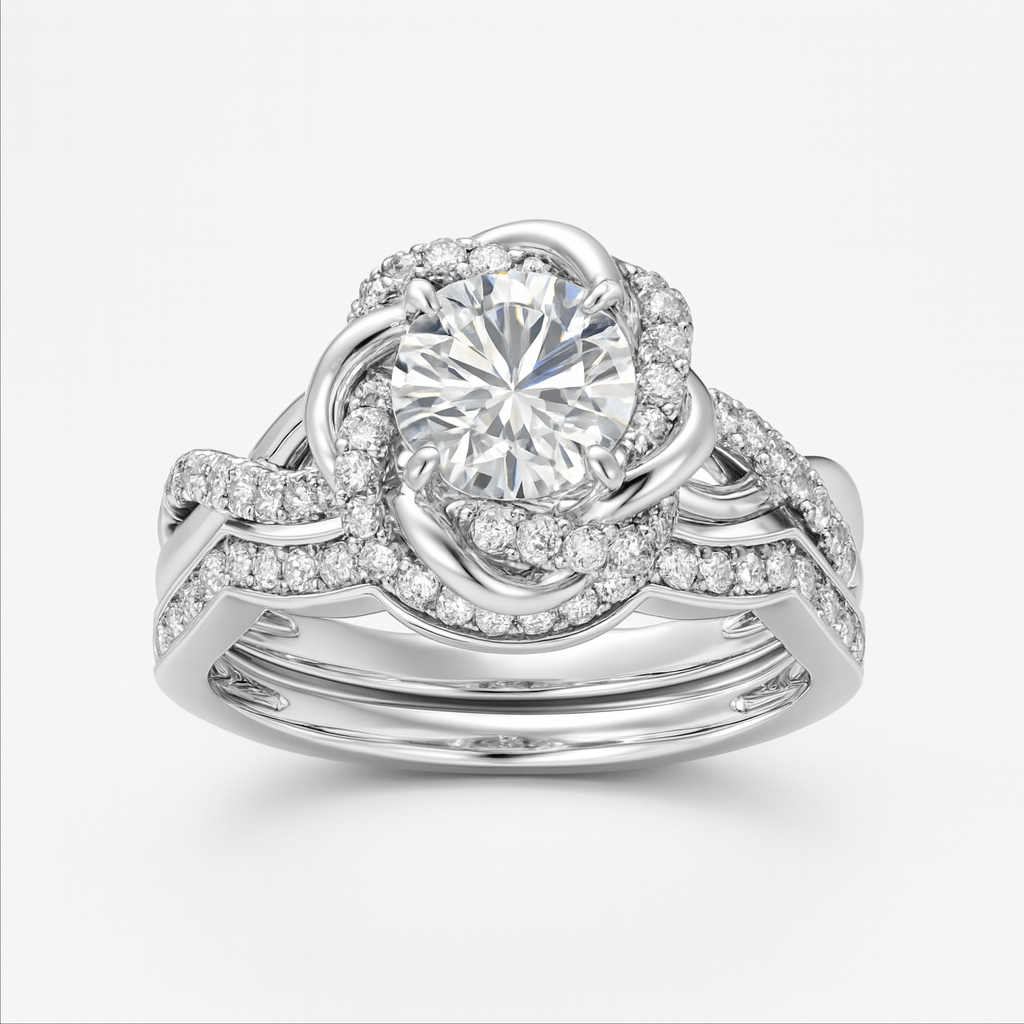 Silver ring with a large central gemstone and smaller stones on a white background