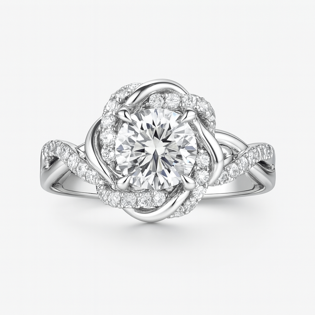 Diamond ring with intricate design on a white background