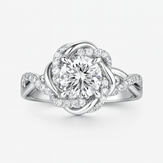 Diamond ring with intricate design on a white background