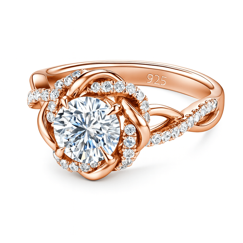Rose gold ring with a large diamond and smaller diamonds on a white background