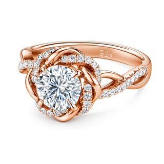 Rose gold ring with a large diamond and smaller diamonds on a white background