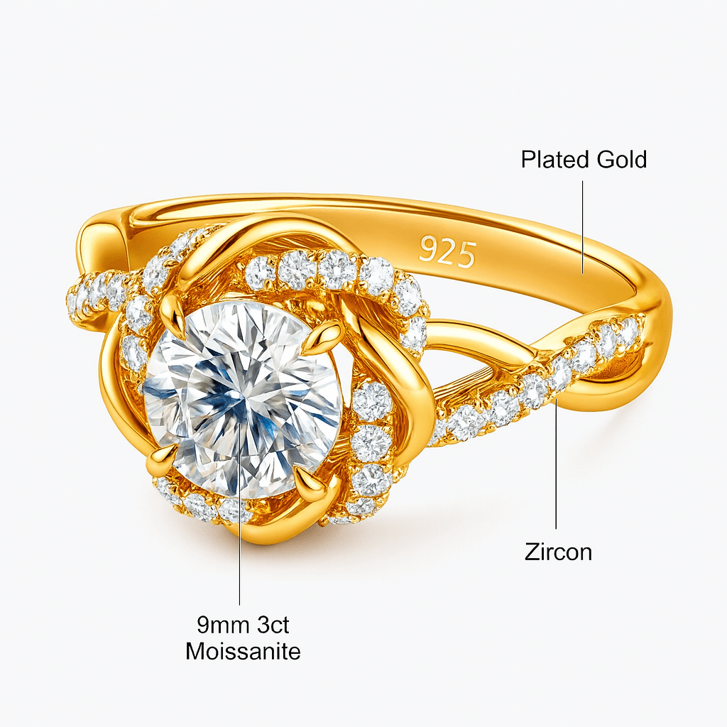 Gold ring with Moissanite and zircon stones on a white background