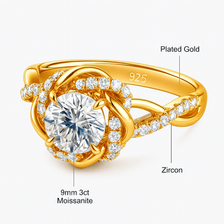Gold ring with Moissanite and zircon stones on a white background