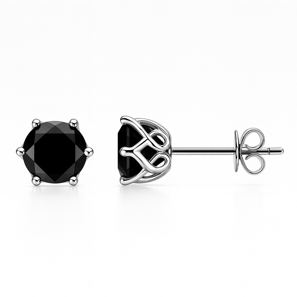 Black gemstone stud earrings on a white background