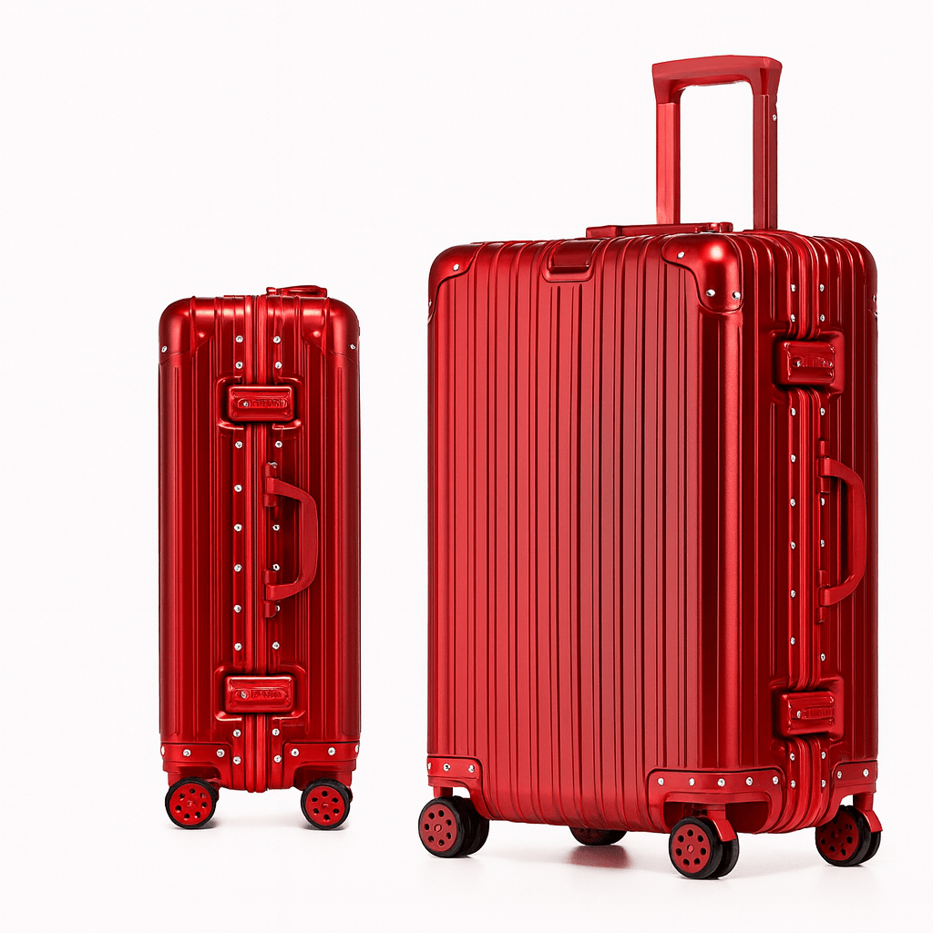 Suitcase Aluminum – TSA Lock, Spinner Wheels in red with two sizes featuring sturdy handles and silent spinner wheels.