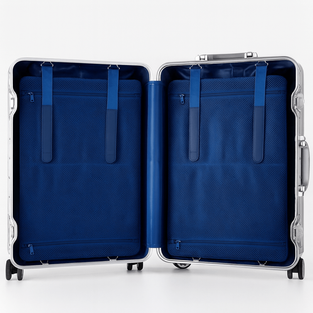 Suitcase Aluminum – TSA Lock, Spinner Wheels open interior features blue straps and compartments for organized packing.