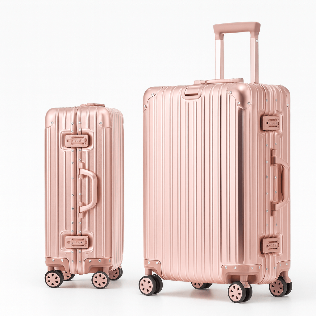 Suitcase Aluminum – TSA Lock, Spinner Wheels in stylish rose gold finish with 360° spinner wheels.