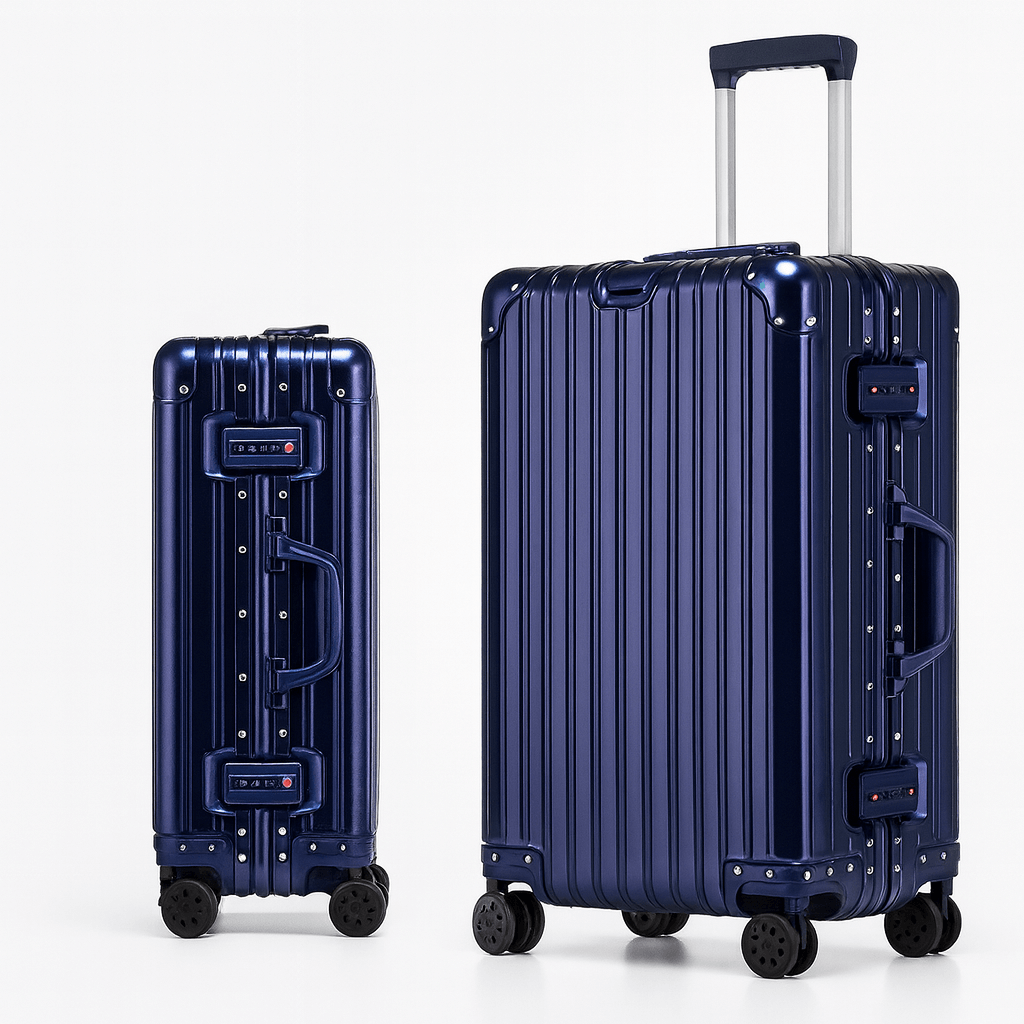 Suitcase Aluminum – TSA Lock, Spinner Wheels in navy blue with sturdy aluminum frame and spinner wheels.