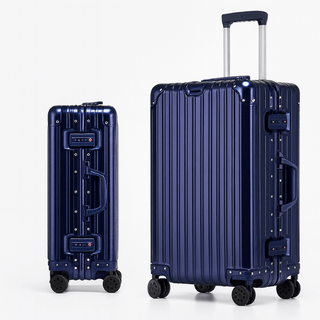 Suitcase Aluminum – TSA Lock, Spinner Wheels in navy blue with sturdy aluminum frame and spinner wheels.