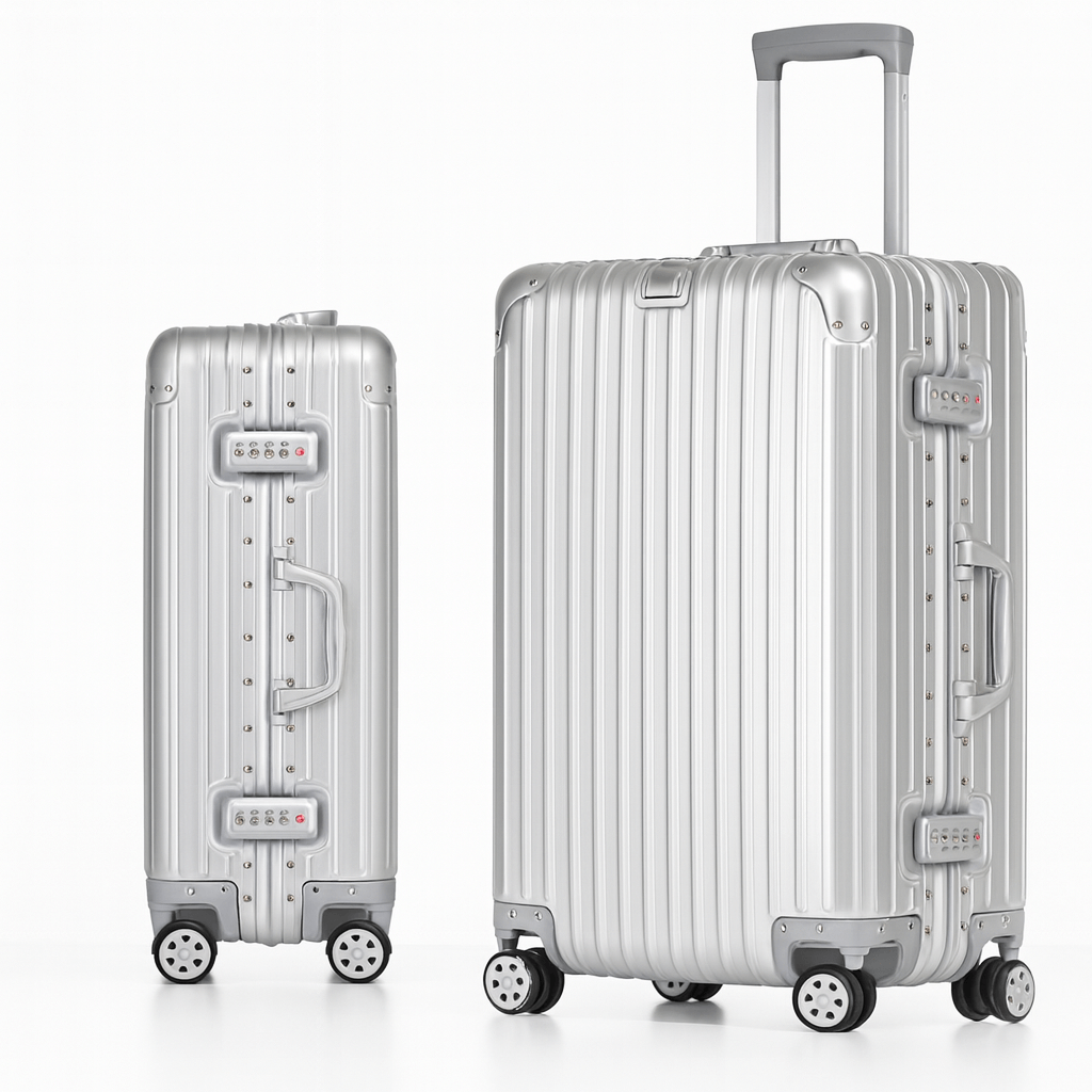 Suitcase Aluminum – TSA Lock, Spinner Wheels on display with smooth spinner wheels and durable design.